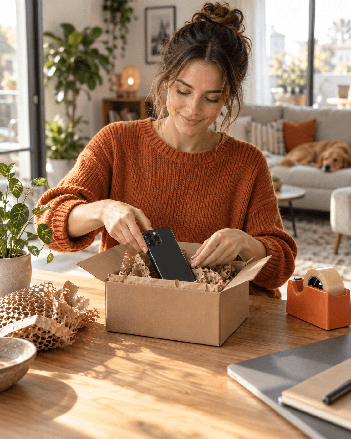 Ein Smartphone wird sorgfältig in einen Karton verpackt.