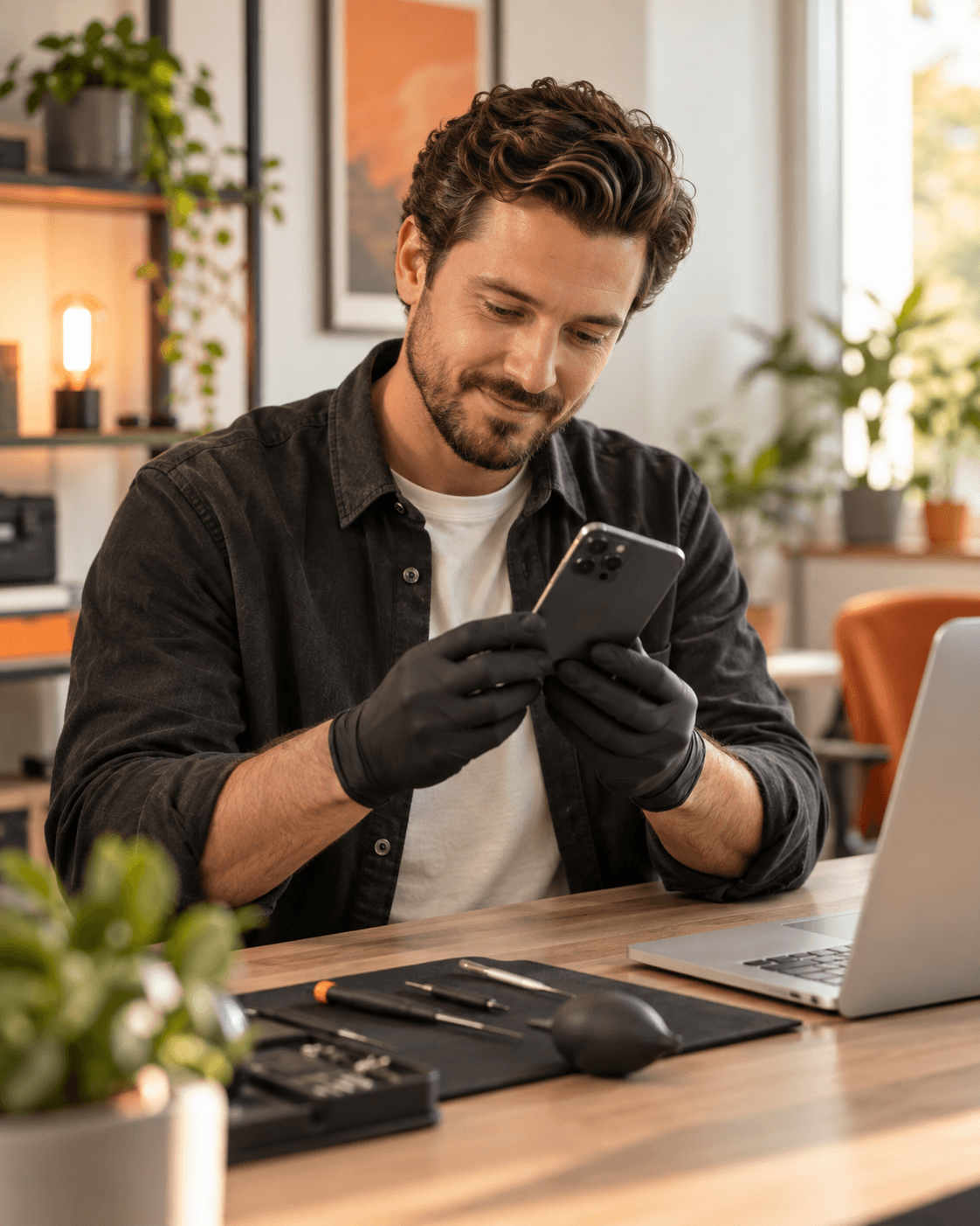 Ein Mitarbeiter prüft ein Smartphone.